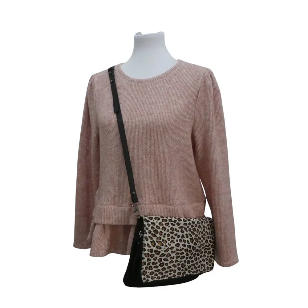 IL Duca Italian Leather Cheetah Print Calf Hair Convertible Crossbody Purse - Picture 2 of 11